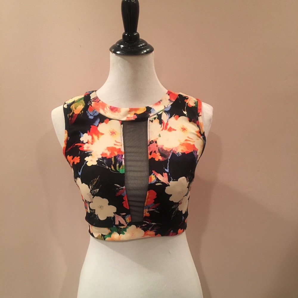 Floral crop top with black sheer